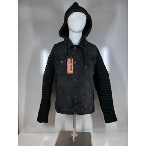 NWT Leif Nelson Black Knitted Sleeves Hooded Denim Jacket Mens SZ Large LN5240
